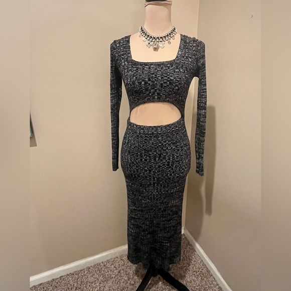 AFRM Black, White & Charcoal Textured Knit Sky Midi BodyCon Cutout Dress, size M - Picture 2 of 7